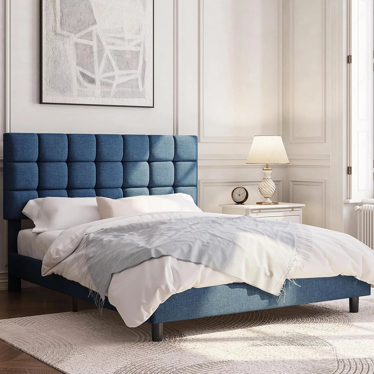 Queen Size Upholstered Platform Bed Frame with Adjustable Tufted Headboard F794