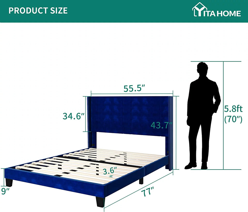Navy Blue Velvet Upholstered Platform Bed Full F55168