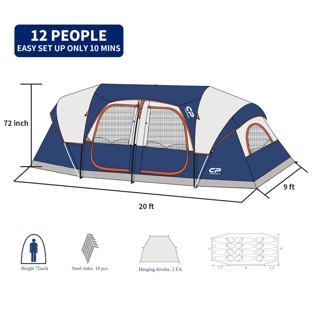 12 Person Waterproof 3 Room Camping Tent C7792