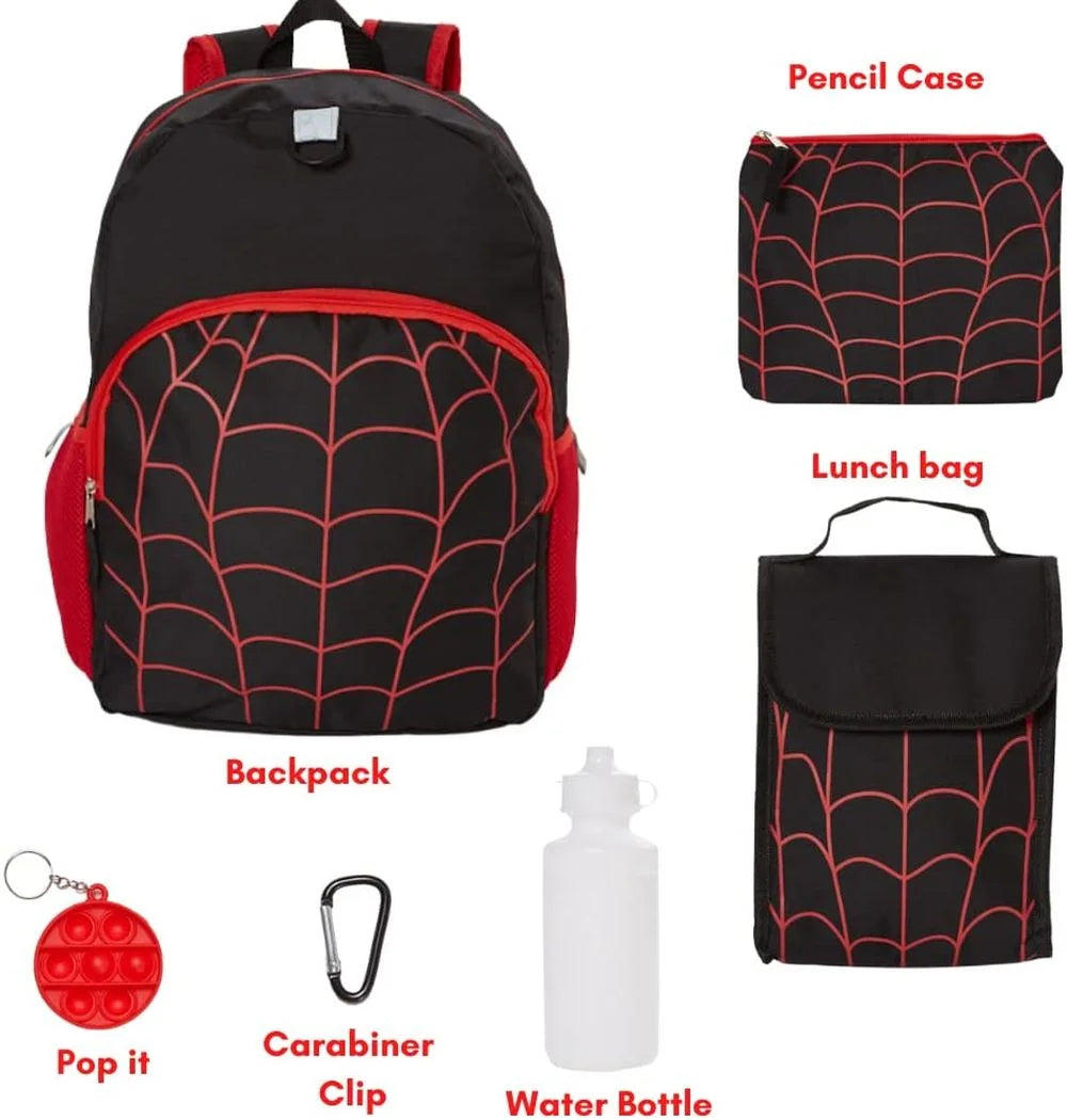 16 inch Red Black Spiderweb Backpack with Lunch Box and Water Bottle X9182