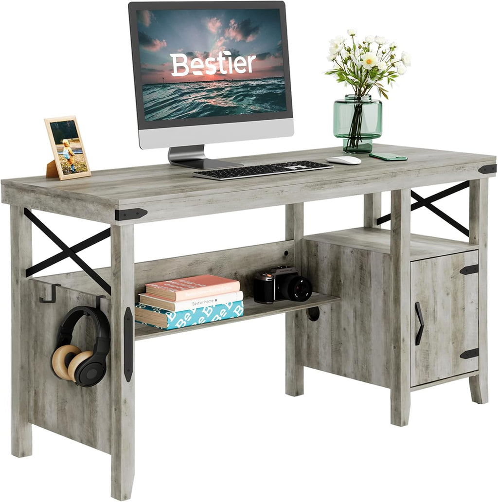 Rustic Brown Computer Desk with Storage Cabinet and Bookshelf A11383