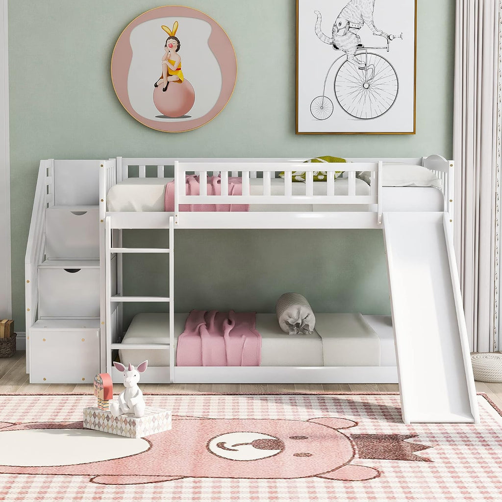Twin Low Profile Bunk Beds with Slide and Staircase X37761