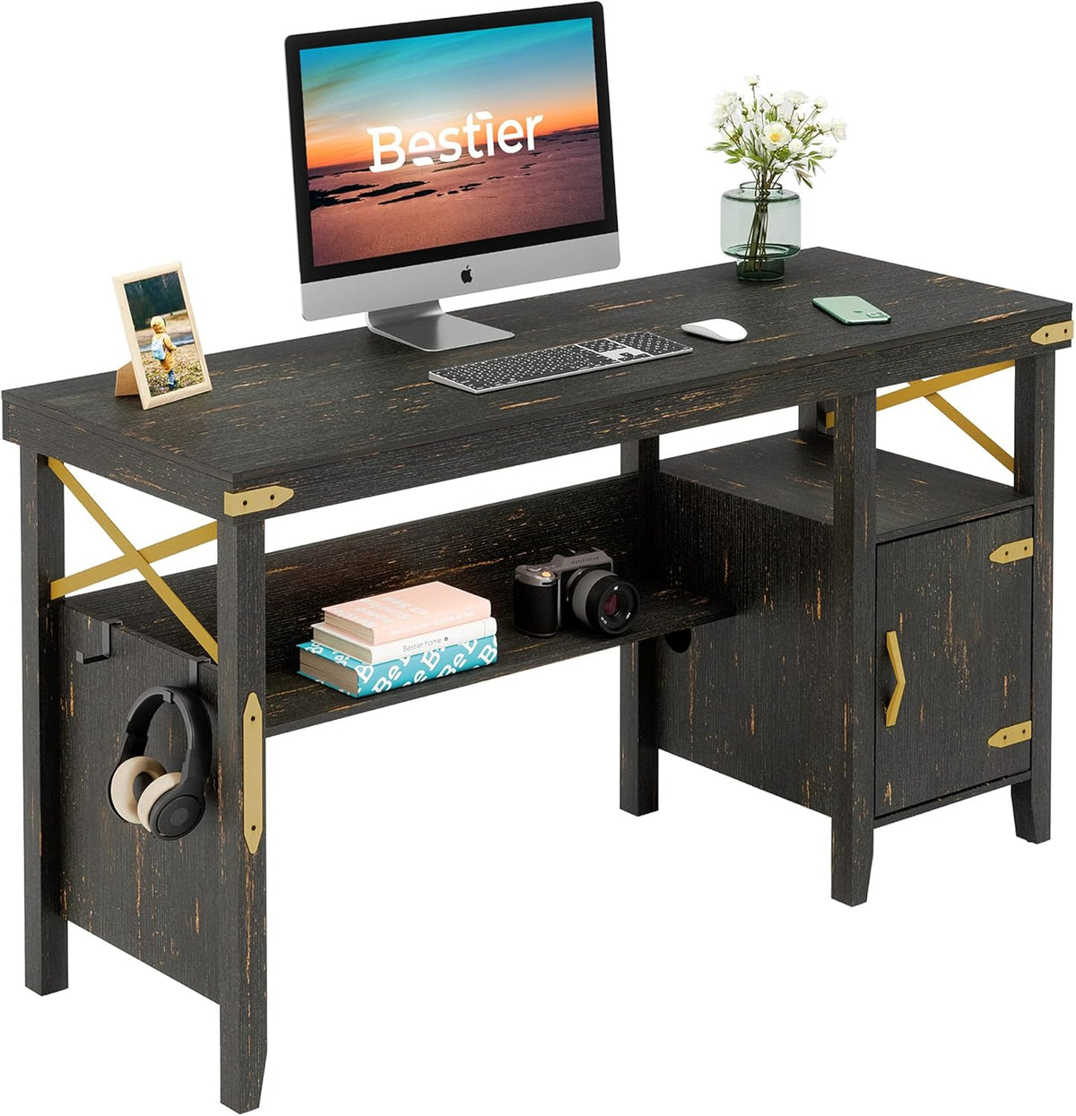 Rustic Brown Computer Desk with Storage Cabinet and Bookshelf A11383