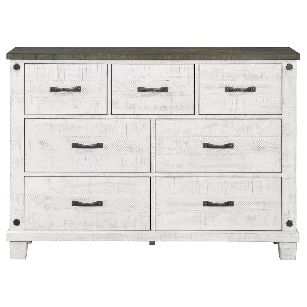 7 Drawer Wood Dresser Distressed Gray and White K713612