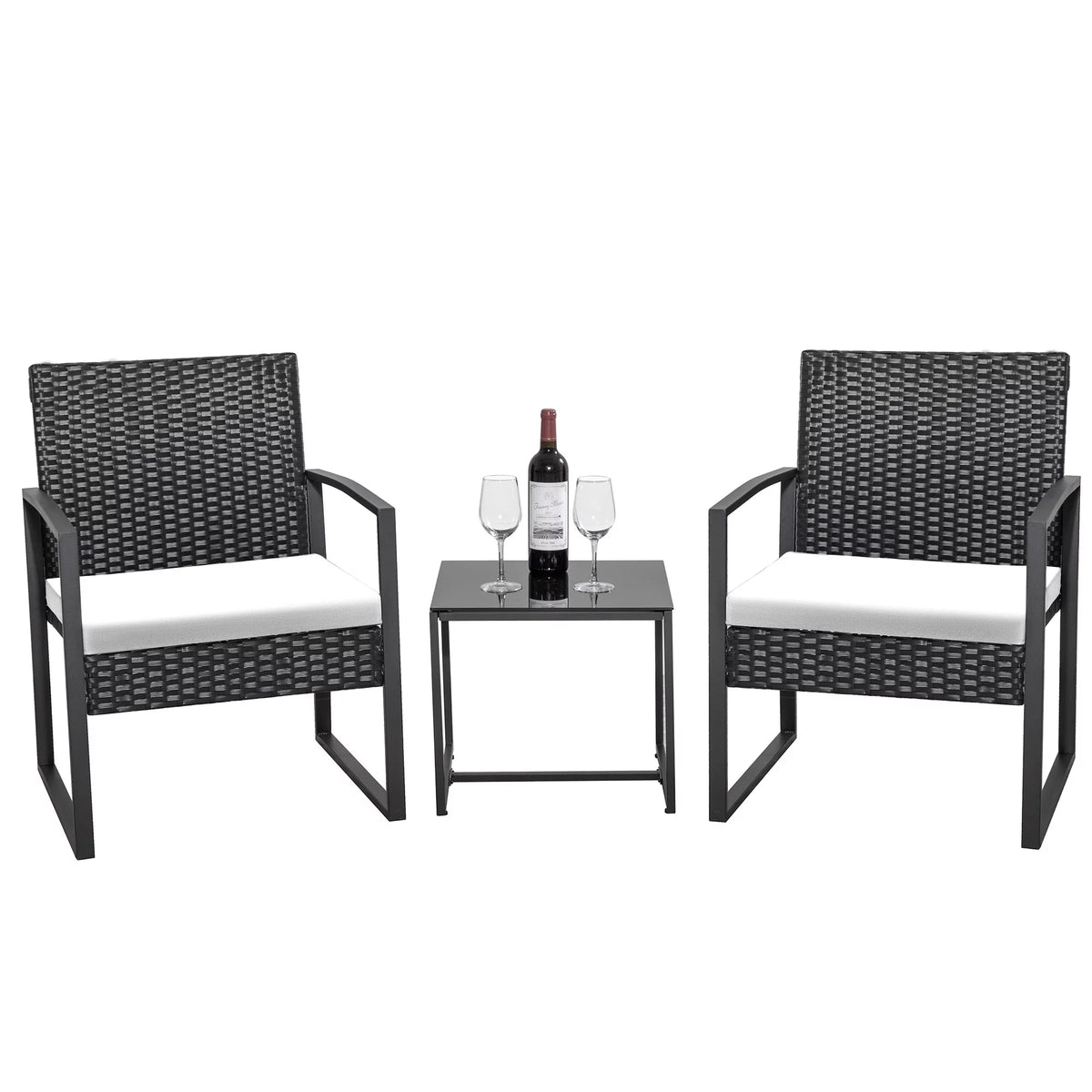 Black 3-Piece Wicker Bistro Chair Set with Coffee Table C159