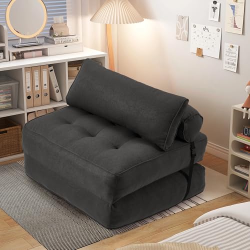 Folding Convertible Sofa Bed with Pillow, Black Linen Fabric N5751