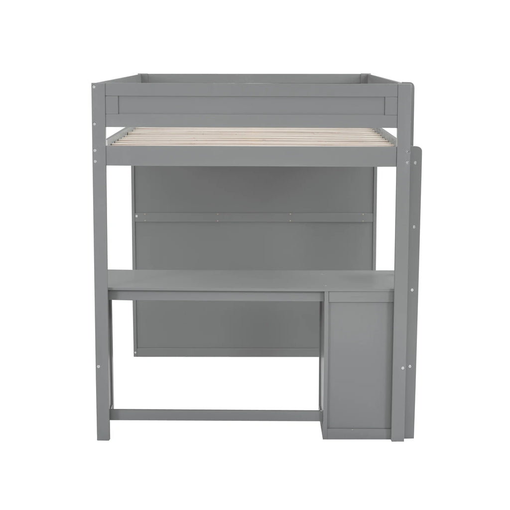 Wood Full Size Loft Bed with Storage Desk, Drawers and Wardrobe Y6554