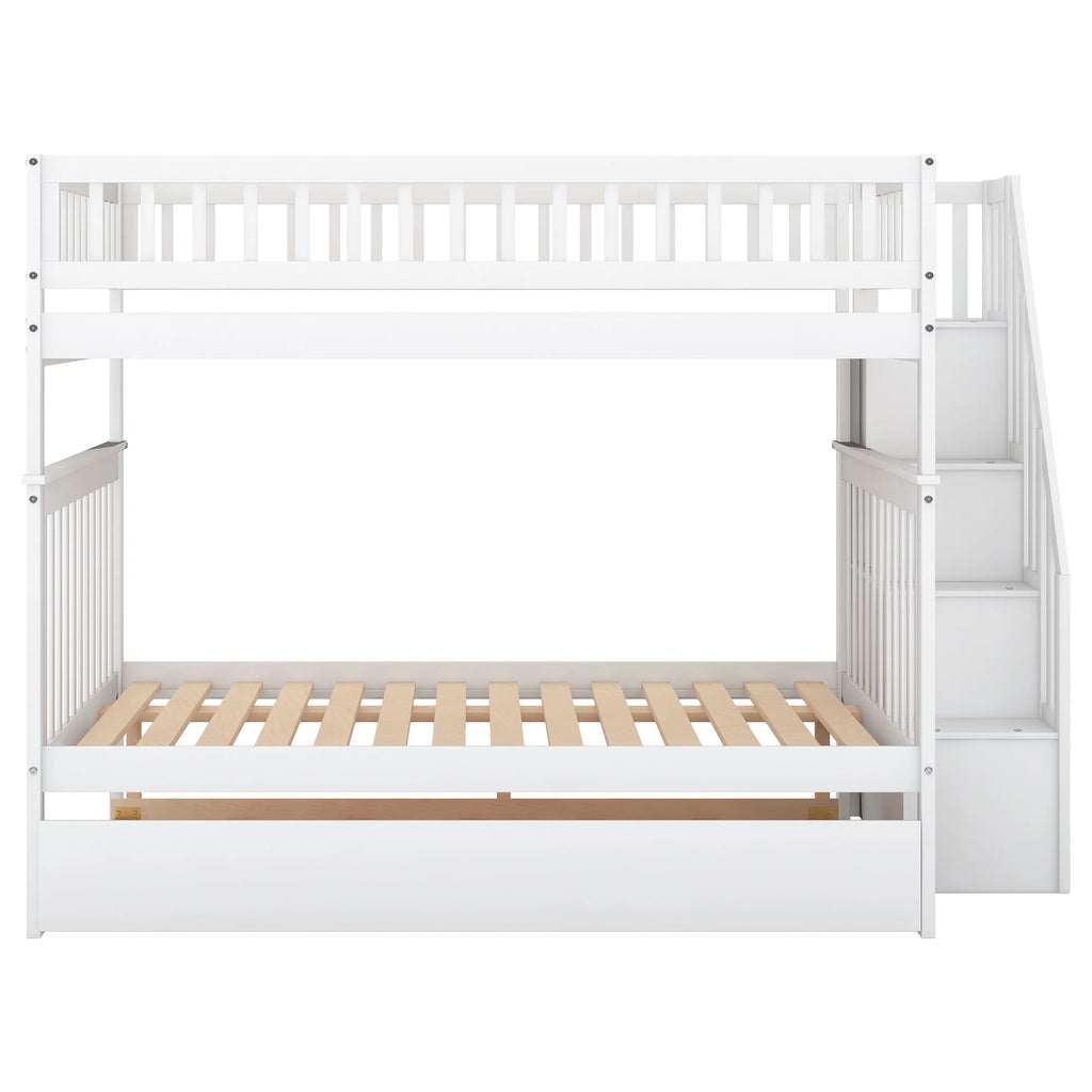 White Full over Full Bunk Bed with Trundle and Storage Shelves H4077