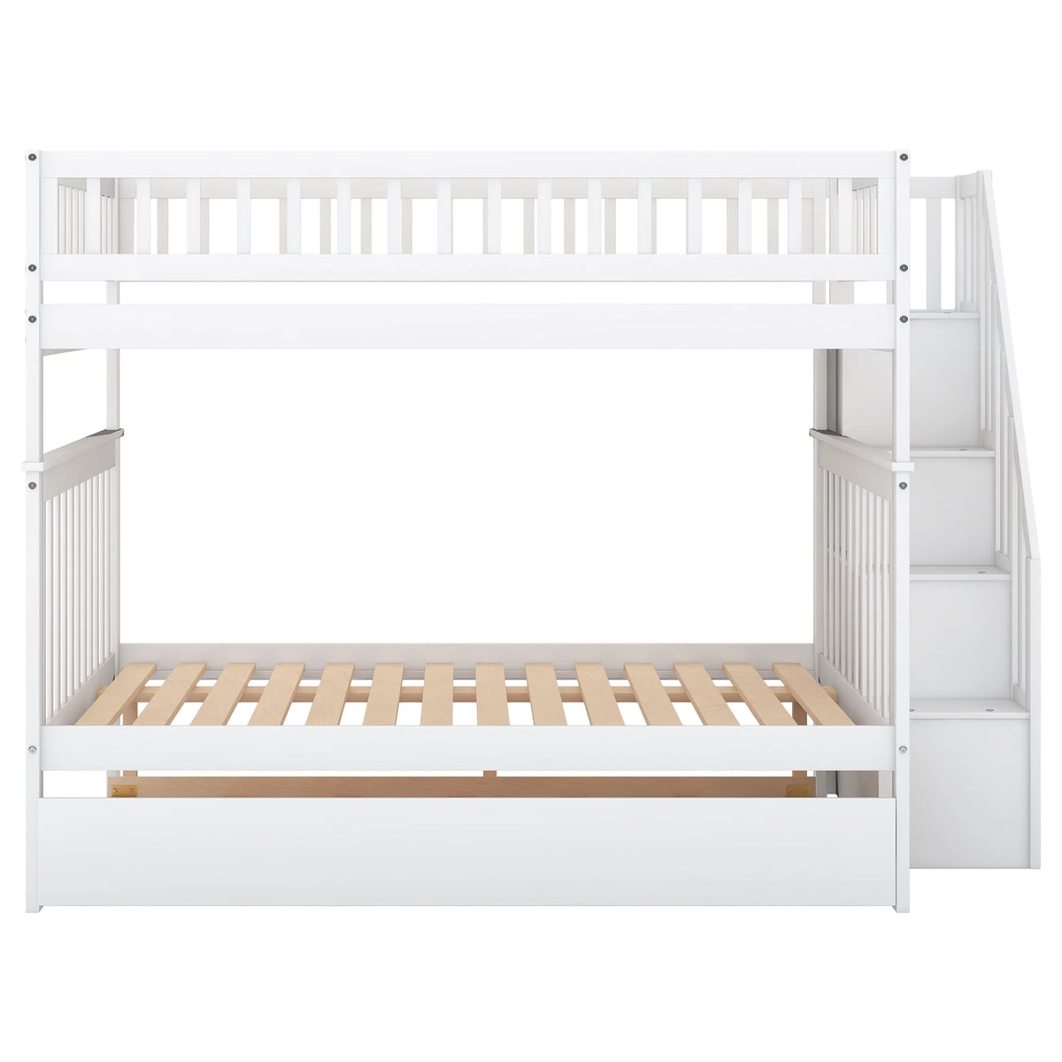 White Full over Full Bunk Bed with Trundle and Storage Shelves H4077