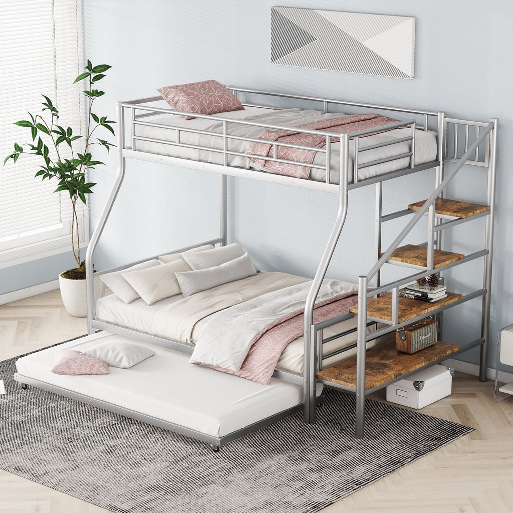 Metal Twin over Full Size Bunk Bed with Storage Staircase and Trundle C733552