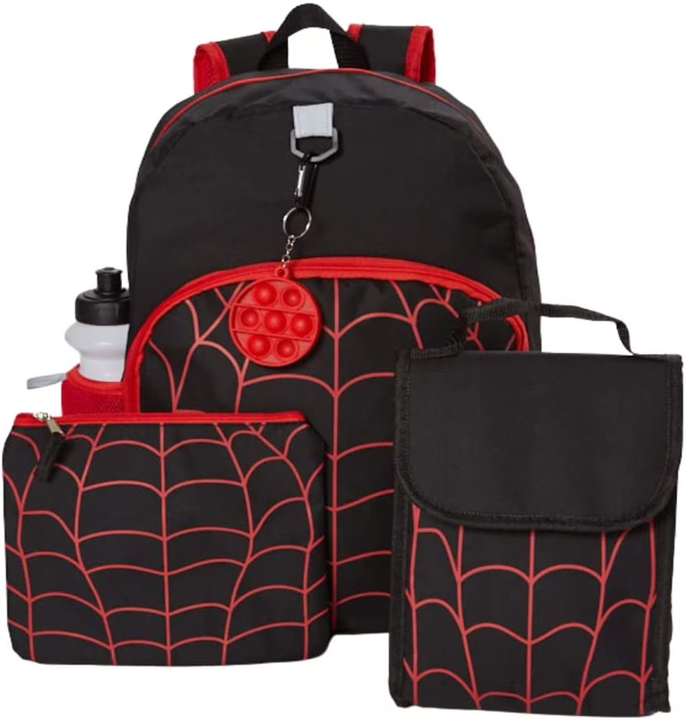 16 inch Red Black Spiderweb Backpack with Lunch Box and Water Bottle X9182