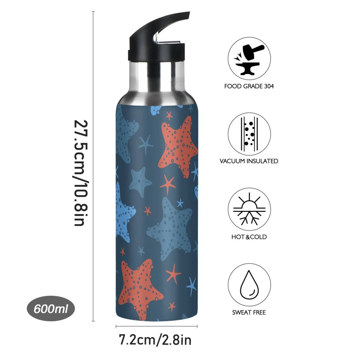Blue-orange Starfish Stainless Steel Insulated Water Bottle with Straw Lid W5672