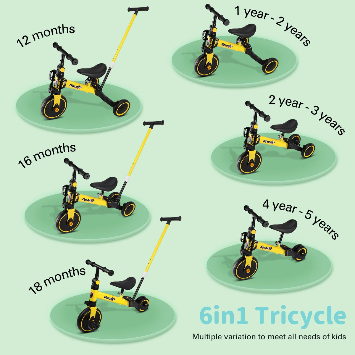6 in 1 Kids Tricycle with Adjustable Seat and Removable Pedal F9061
