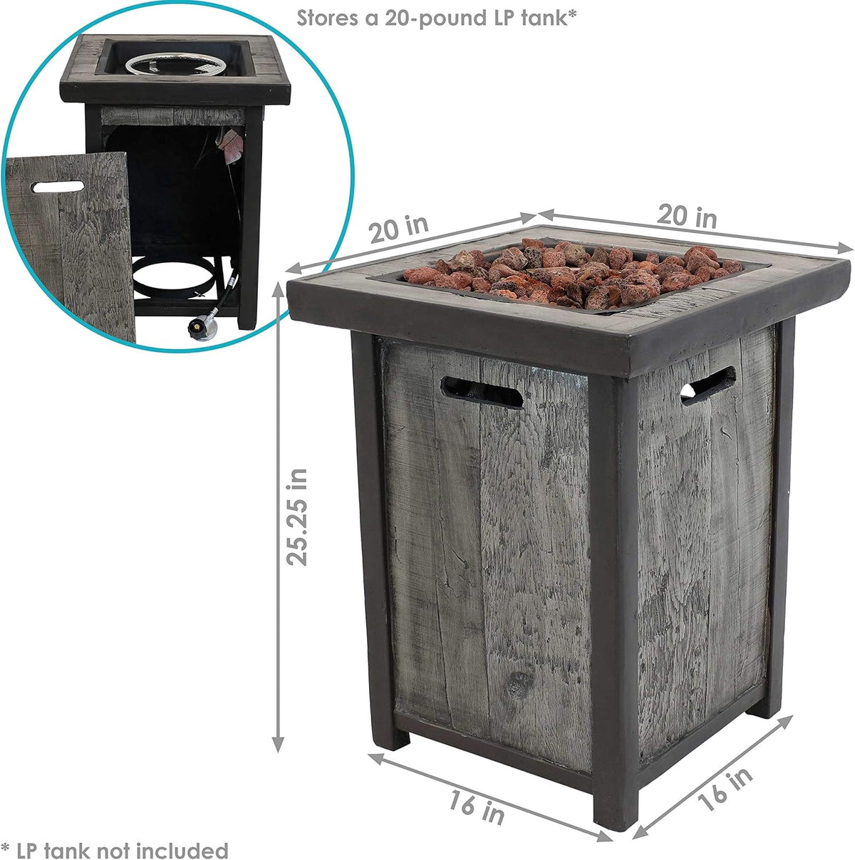 Square Outdoor Propane Gas Fire Pit Table with Weathered Wood Look, Cast Stone, 25 Inches Tall V64029