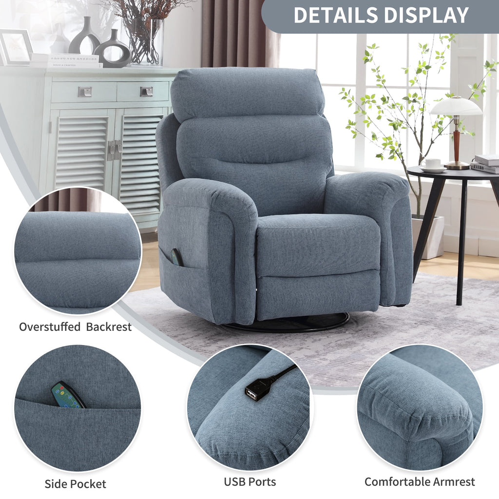 Upholstered Swivel Rocker Recliner Chair with Massage T426451