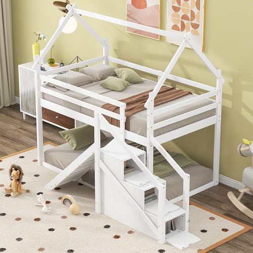 Twin Over Twin Wood House Bunk Bed with Slide and Storage Staircase Y2728