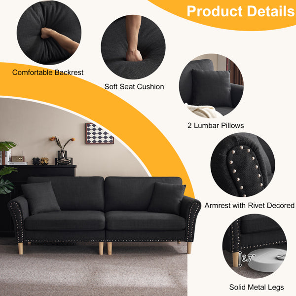 Black Upholstered 2-Seat Loveseat Sofa with 2 Pillows Q90243