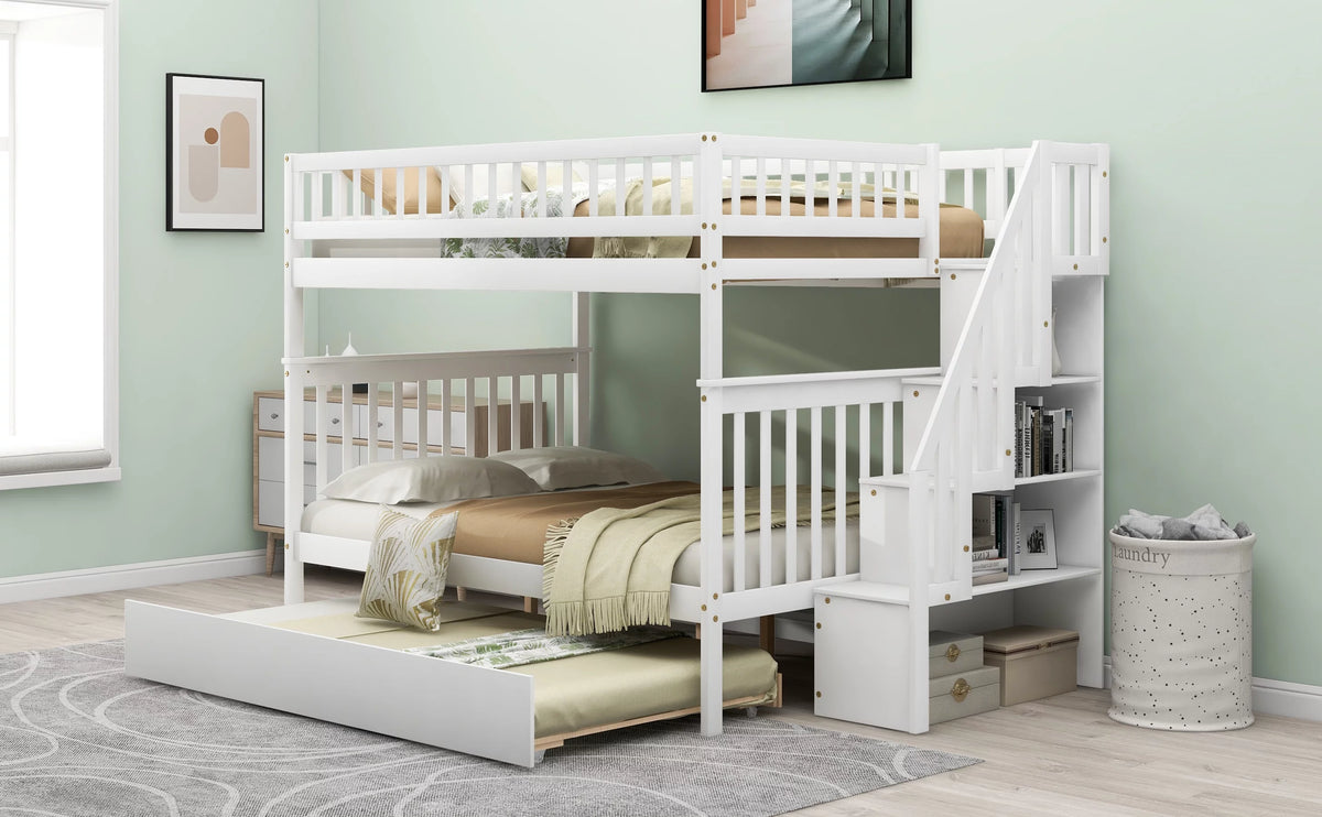 White Full over Full Bunk Bed with Trundle and Storage Shelves H4077