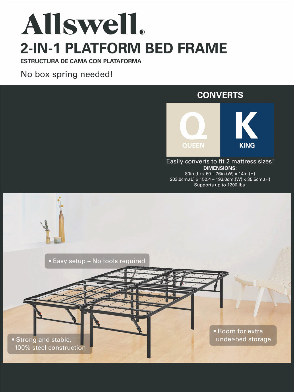 14 Convertible High Platform Metal Bed Frame, Twin/Full, Black J65201