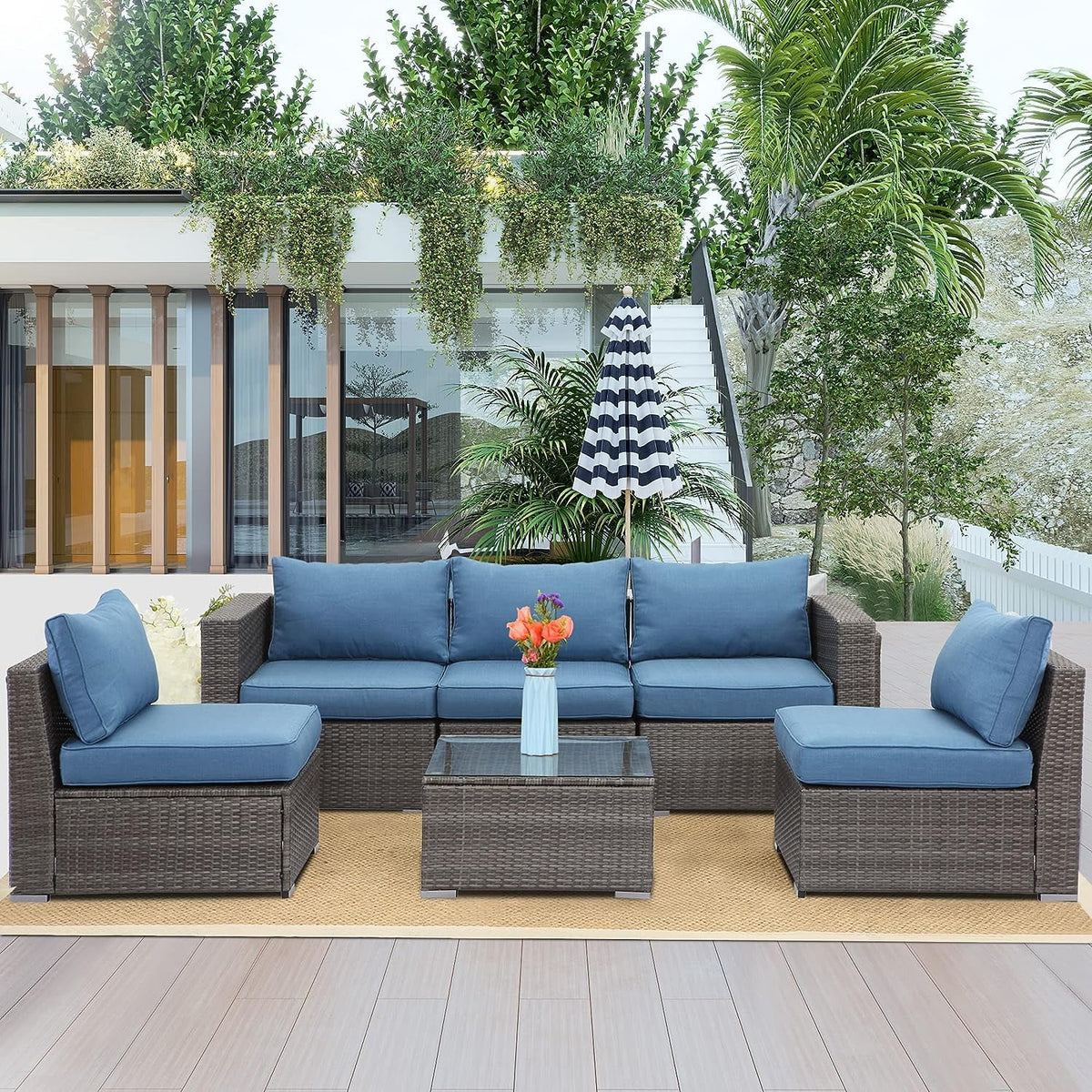 6 Pcs Outdoor Wicker Rattan Furniture Set with Cushions S5504