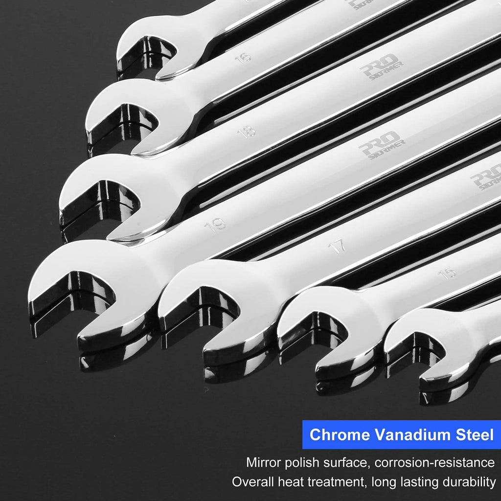 14-Piece Ratcheting Wrench Set, 6-19mm Metric Chrome Vanadium Steel Combination Ended Spanner Kit with Storage Case X6859