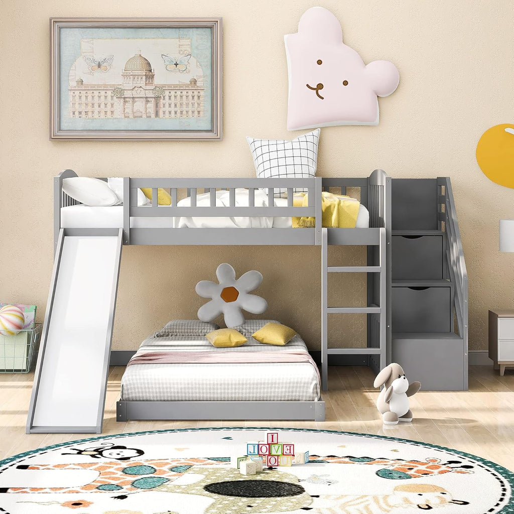 Twin Low Profile Bunk Beds with Slide and Staircase X37761