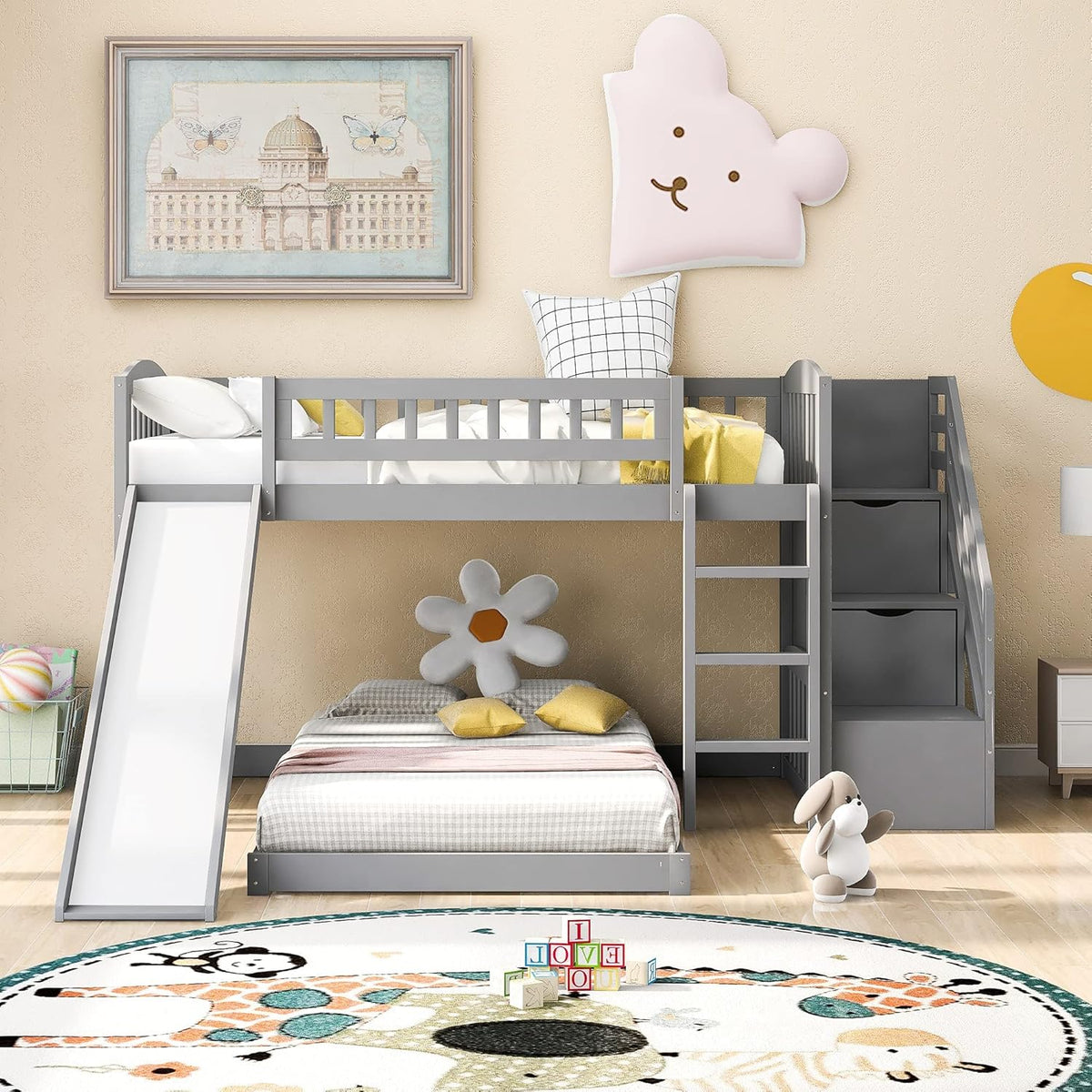 Twin Low Profile Bunk Beds with Slide and Staircase X37761