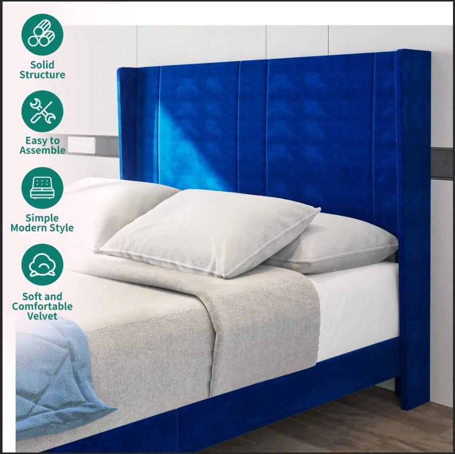 Navy Blue Velvet Upholstered Platform Bed Full F55168