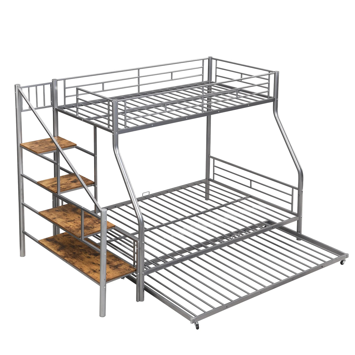 Metal Twin over Full Size Bunk Bed with Storage Staircase and Trundle C733552