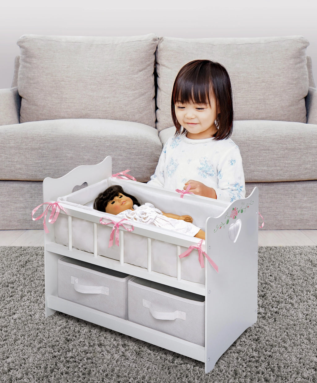 White Rose 100% Polyester Fabric Doll Crib with Two Baskets T25550