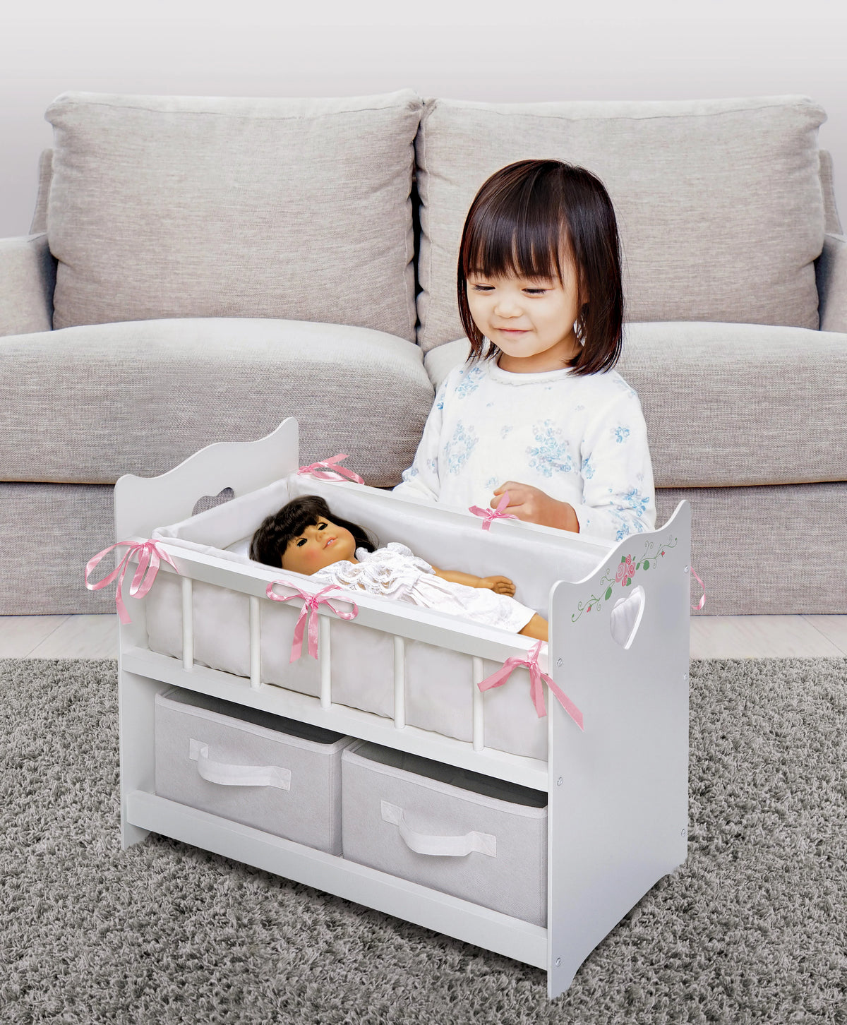 White Rose 100% Polyester Fabric Doll Crib with Two Baskets T25550