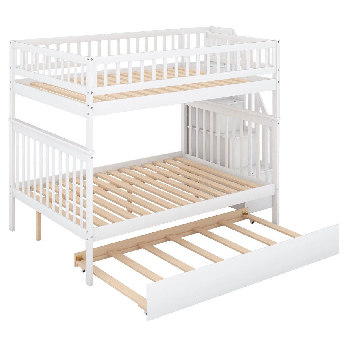 White Full over Full Bunk Bed with Trundle and Storage Shelves H4077