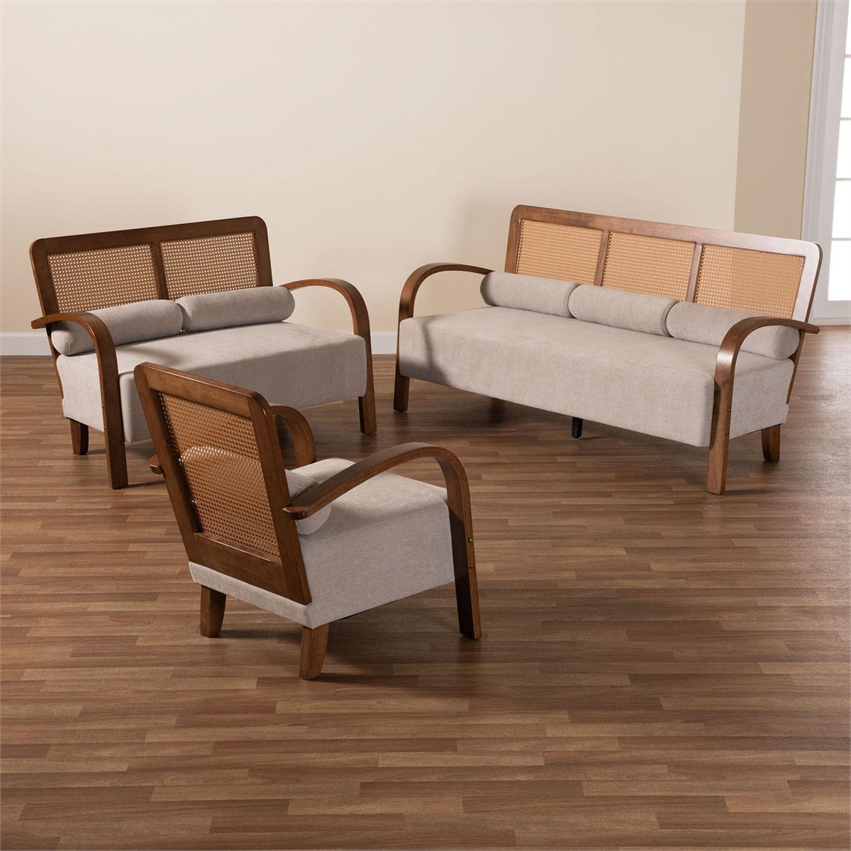 Sage Gray Fabric and Brown Wood 3-Piece Living Room Set M12826