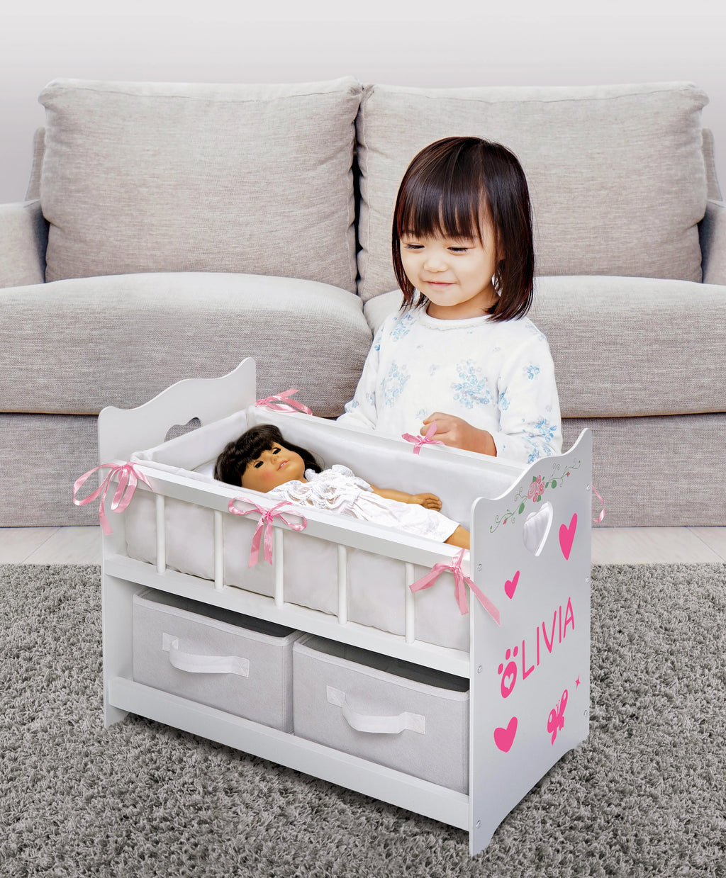 White Rose 100% Polyester Fabric Doll Crib with Two Baskets T25550