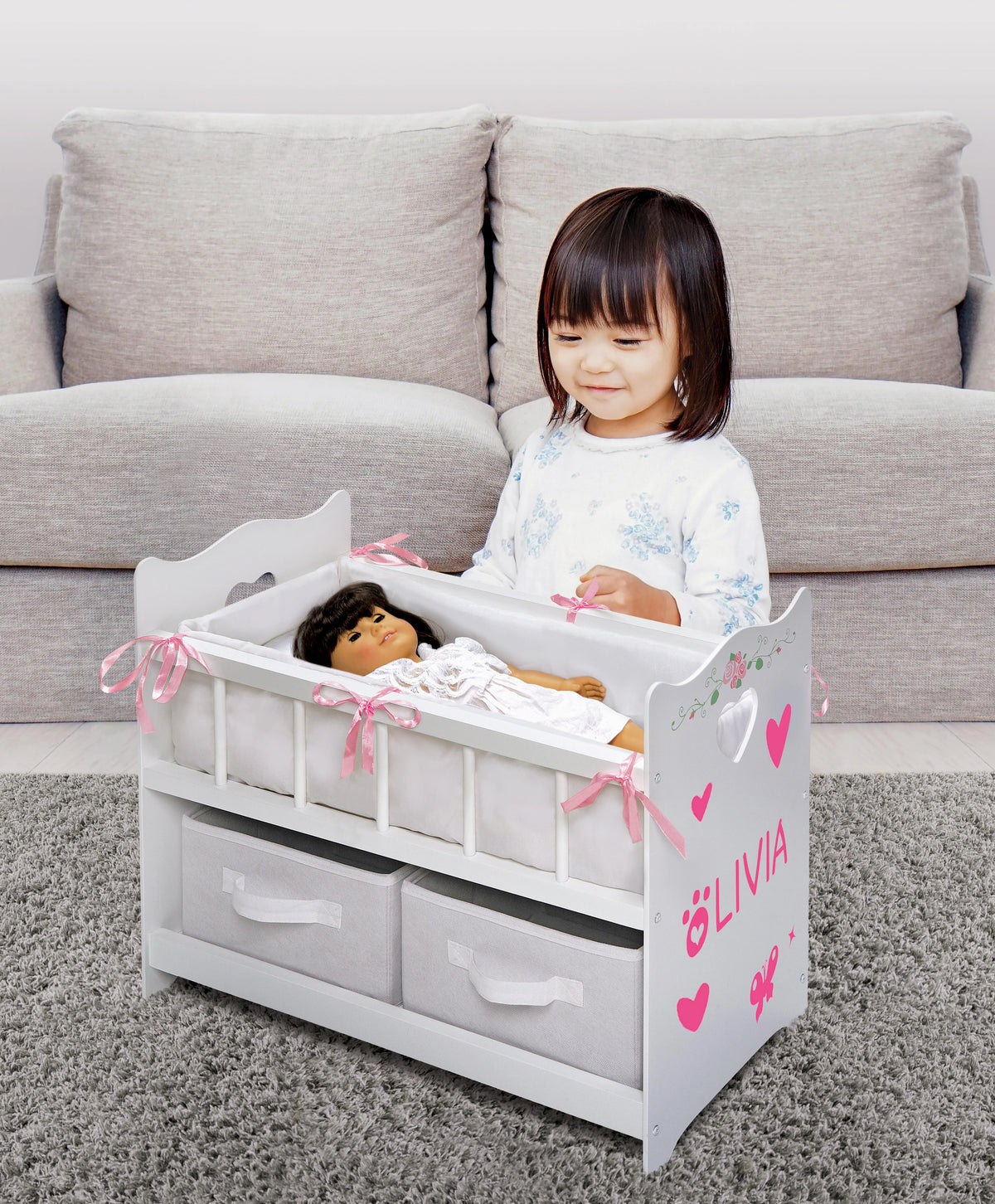 White Rose 100% Polyester Fabric Doll Crib with Two Baskets T25550