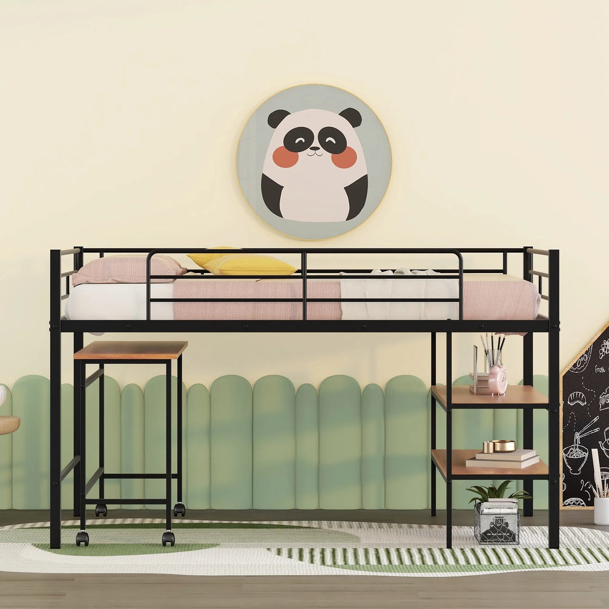 Twin Size Black Metal Loft Bed with Desk and Shelving Y2279