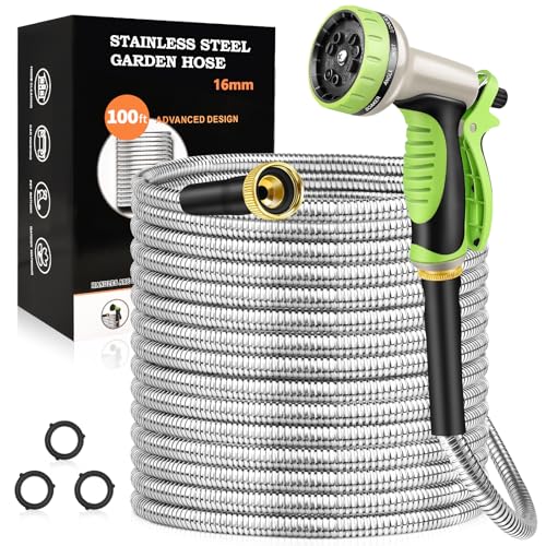 50FT Stainless Steel Heavy Duty Garden Hose with 10 Function Nozzle D49841
