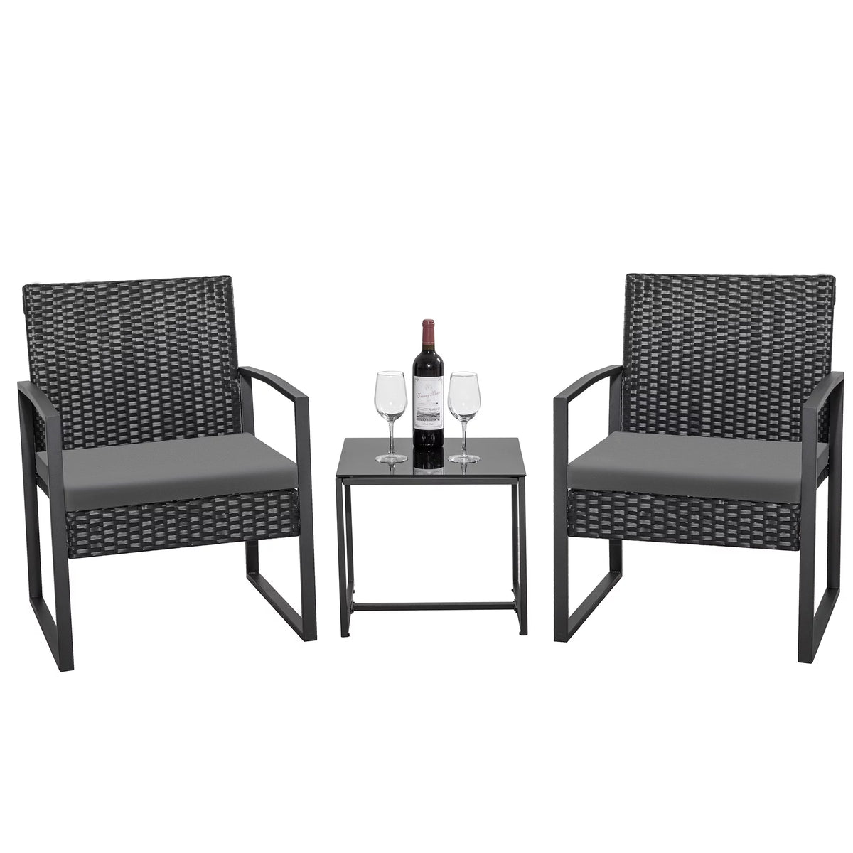 Black 3-Piece Wicker Bistro Chair Set with Coffee Table C159