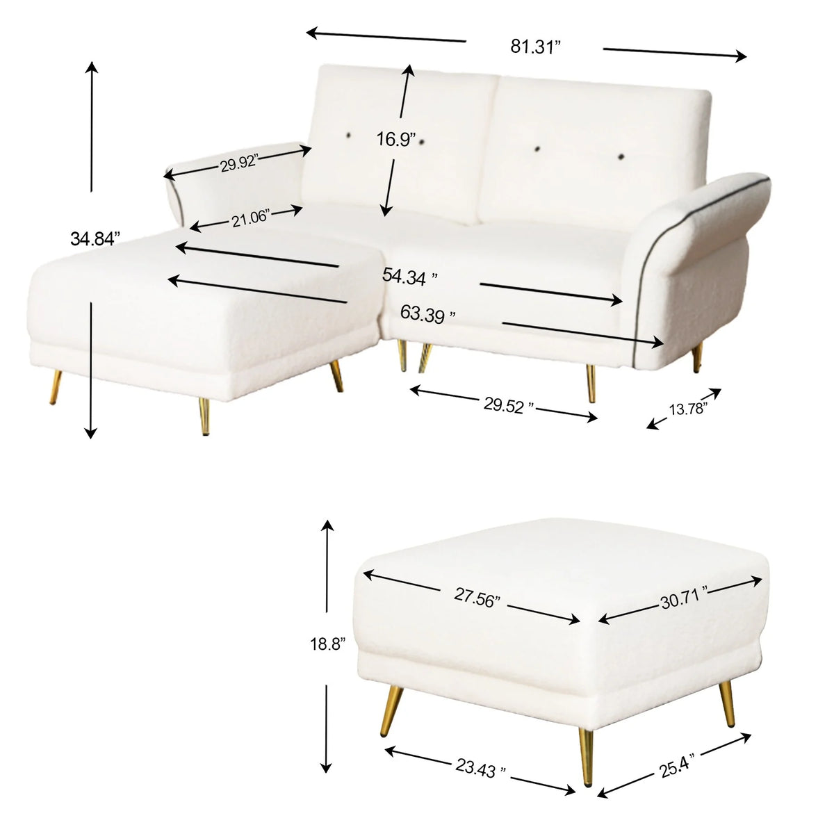 Sherpa Fabric White Loveseat Sofa K2525