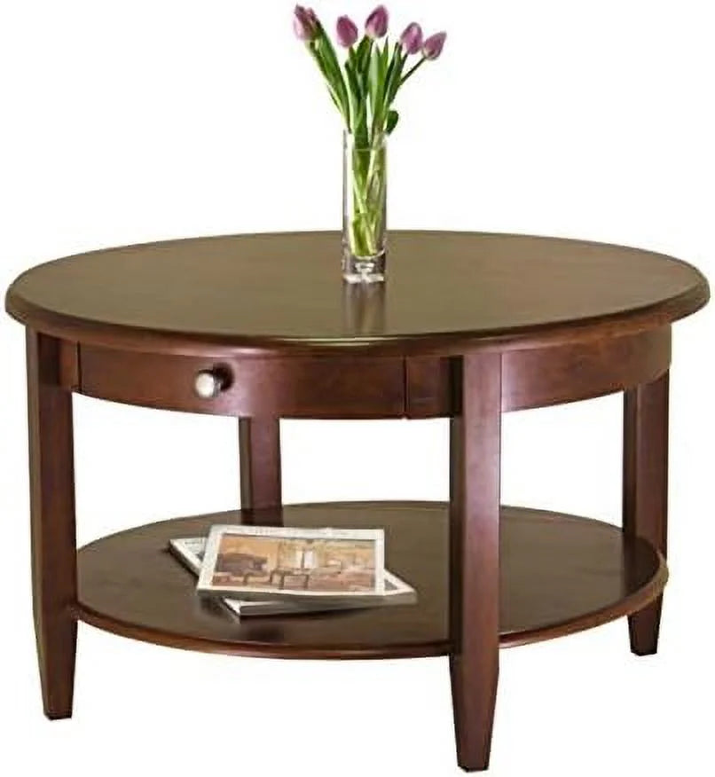 Round Wood Coffee Table with Storage Shelf and Drawer Z444