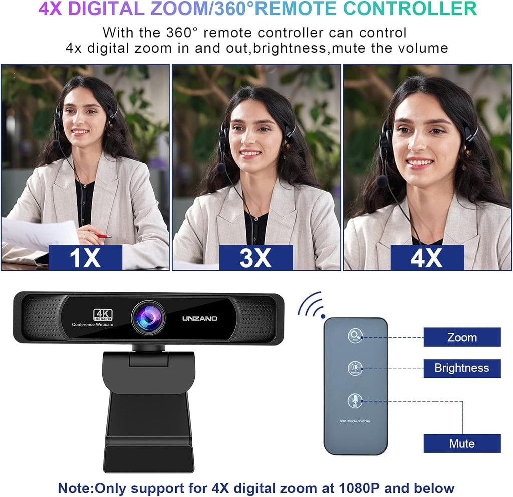 4K Webcam with Remote Control, Full HD, Auto-Focus 120° Wide Angle, Dual Noise Reduction Mics, Pack of 2 W659641