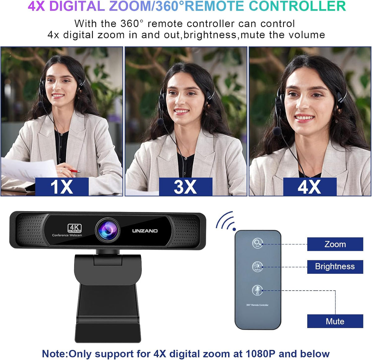 4K Webcam with Remote Control, Full HD, Auto-Focus 120° Wide Angle, Dual Noise Reduction Mics, Pack of 2 W659641