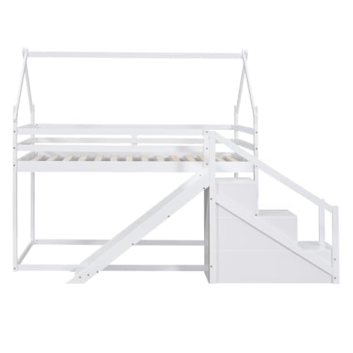 Twin Over Twin Wood House Bunk Bed with Slide and Storage Staircase Y2728