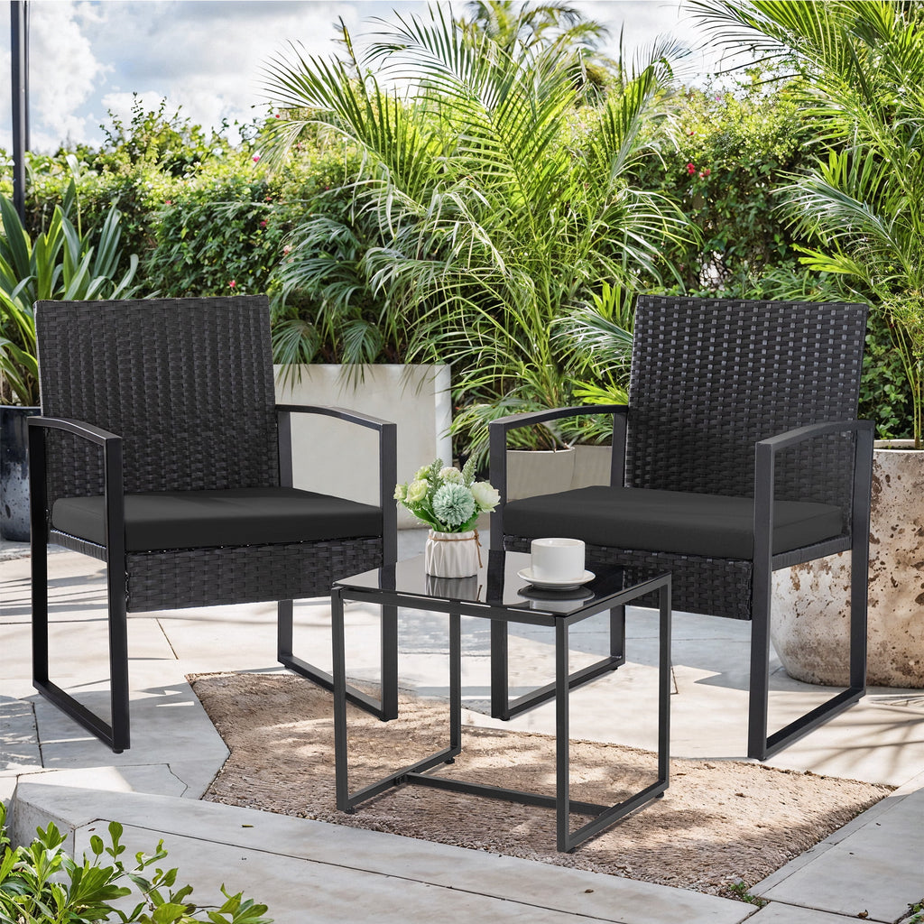 Black 3-Piece Wicker Bistro Chair Set with Coffee Table C159