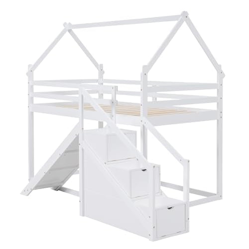 Twin Over Twin Wood House Bunk Bed with Slide and Storage Staircase Y2728