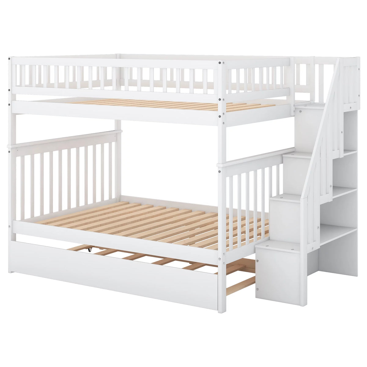 White Full over Full Bunk Bed with Trundle and Storage Shelves H4077