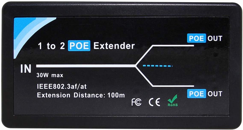 2 Port POE Extender Repeater 100 Meters 1 in 2 Out 10,100Mbps for Security POE Camera Over Cat5/Cat6 Cables B69069