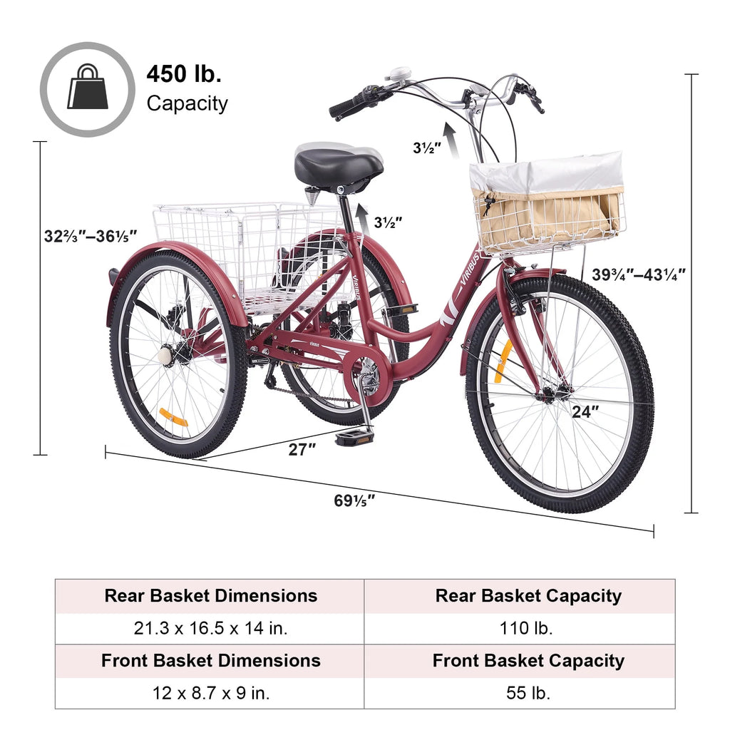 24 Inch 7 Speed Adult Trike with 2 Baskets Matte Gray D818