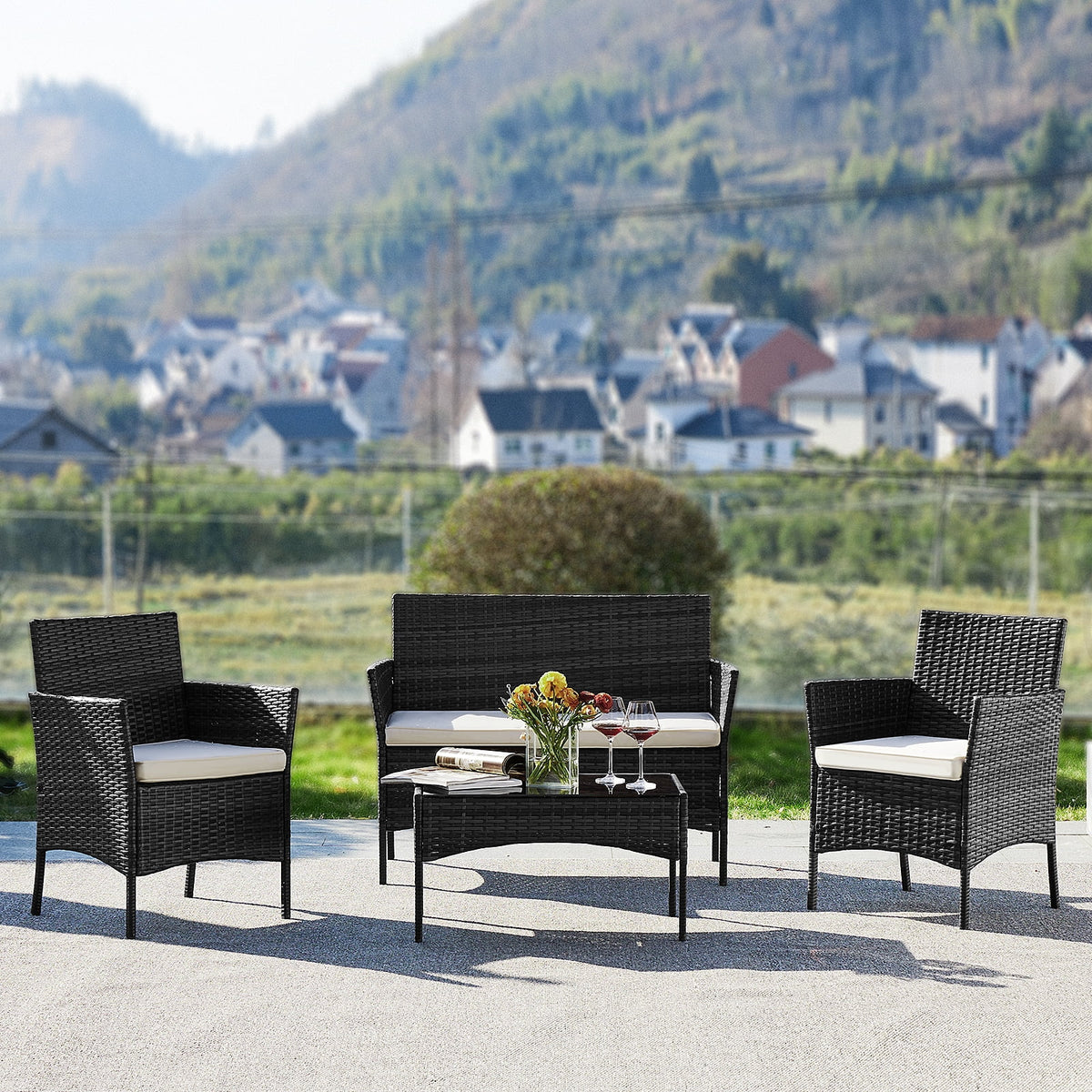 Black Outdoor Patio Furniture Set with Sectional Sofa, Table, Chairs and Cushions T511