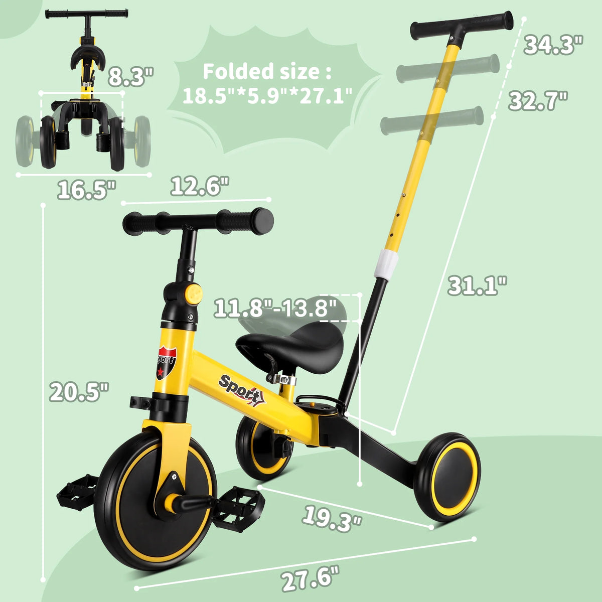 6 in 1 Kids Tricycle with Adjustable Seat and Removable Pedal F9061
